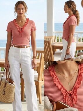 Lauren Ralph Lauren Petite Red Striped Ruffle Lace Up Top